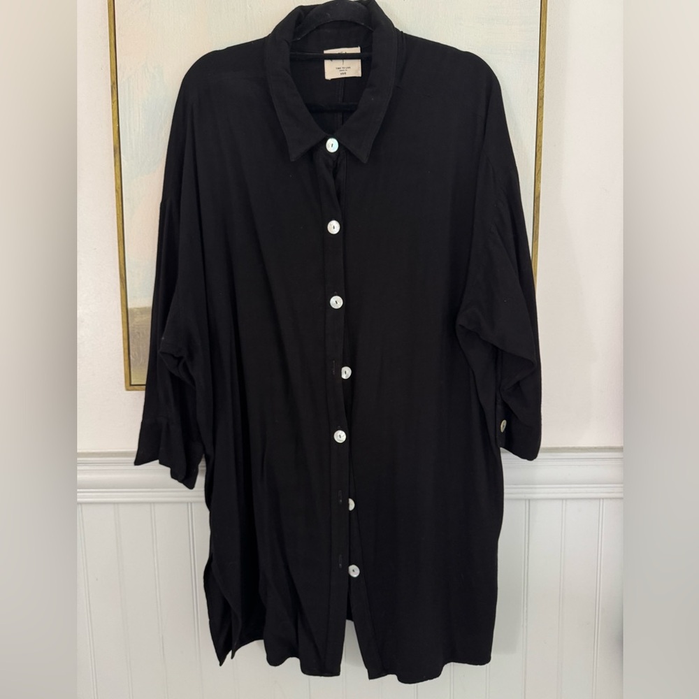 ELECTRIC & ROSE Black Button Down Abalone Shell Midi Shirt Coverup Dress XS/S